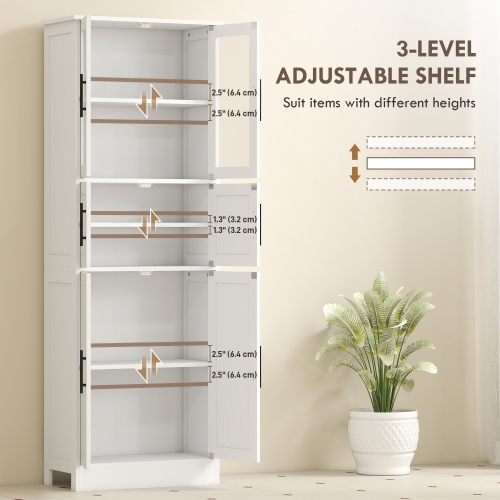 HOMCOM 67" Tall Bathroom Storage Cabinet, Modern Freestanding 6-Tier Bathroom Cabinet with Glass Doors and Adjustable Shelves, White