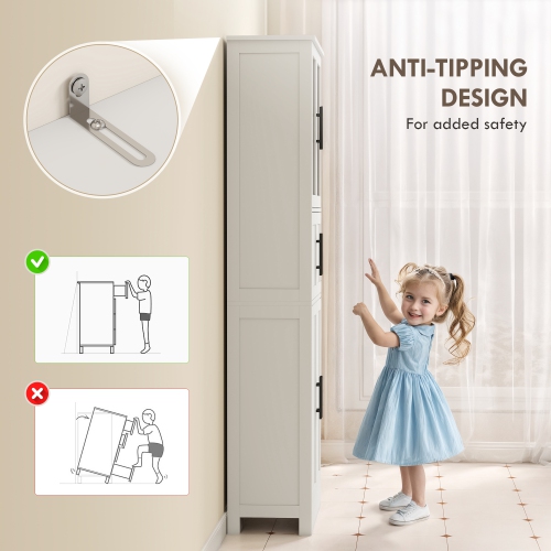 HOMCOM 67" Tall Bathroom Storage Cabinet, Modern Freestanding 6-Tier Bathroom Cabinet with Glass Doors and Adjustable Shelves, White