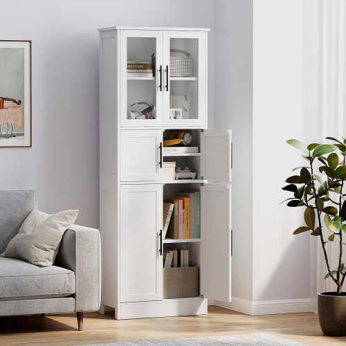 HOMCOM 67" Tall Bathroom Storage Cabinet, Modern Freestanding 6-Tier Bathroom Cabinet with Glass Doors and Adjustable Shelves, White