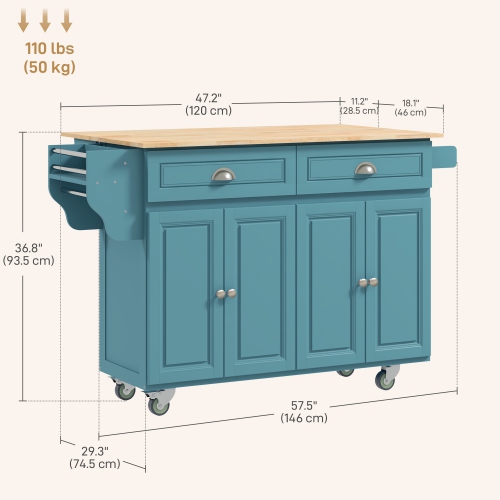 HOMCOM 58" Kitchen Island with Storage, Rolling Kitchen Island with Drop Leaf, Solid Wood Top, 2 Drawers, 2 Cabinets, Adjustable Shelves and Knife