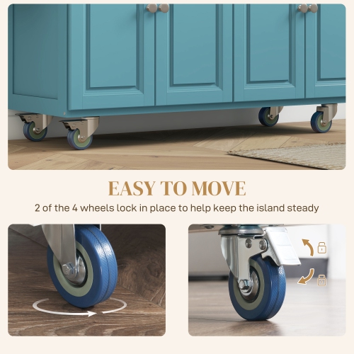 HOMCOM 58" Kitchen Island with Storage, Rolling Kitchen Island with Drop Leaf, Solid Wood Top, 2 Drawers, 2 Cabinets, Adjustable Shelves and Knife