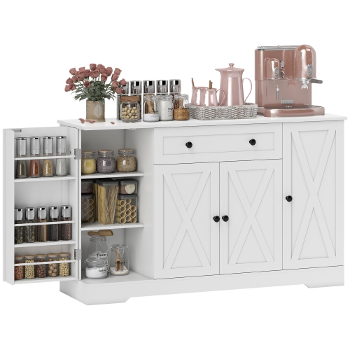 HOMCOM Farmhouse Sideboard Buffet Cabinet with Storage, 54" Coffee Bar Cabinet with 6 Door Shelves, Drawer, Adjustable Shelves and 4 Barn Doors, White