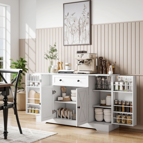 HOMCOM Farmhouse Sideboard Buffet Cabinet with Storage, 54" Coffee Bar Cabinet with 6 Door Shelves, Drawer, Adjustable Shelves and 4 Barn Doors, White