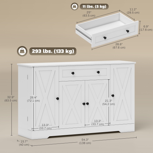 HOMCOM Farmhouse Sideboard Buffet Cabinet with Storage, 54" Coffee Bar Cabinet with 6 Door Shelves, Drawer, Adjustable Shelves and 4 Barn Doors, White