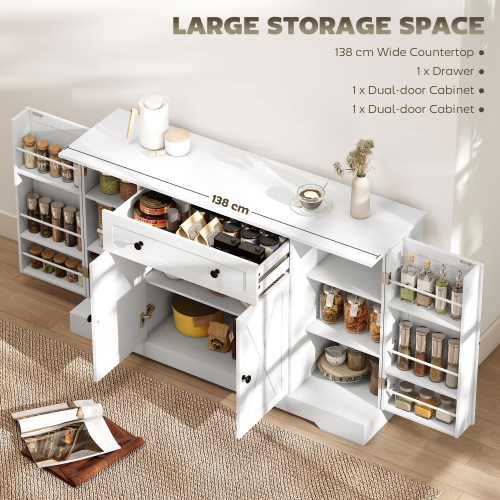 HOMCOM Farmhouse Sideboard Buffet Cabinet with Storage, 54" Coffee Bar Cabinet with 6 Door Shelves, Drawer, Adjustable Shelves and 4 Barn Doors, White