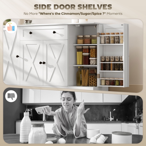 HOMCOM Farmhouse Sideboard Buffet Cabinet with Storage, 54" Coffee Bar Cabinet with 6 Door Shelves, Drawer, Adjustable Shelves and 4 Barn Doors, White