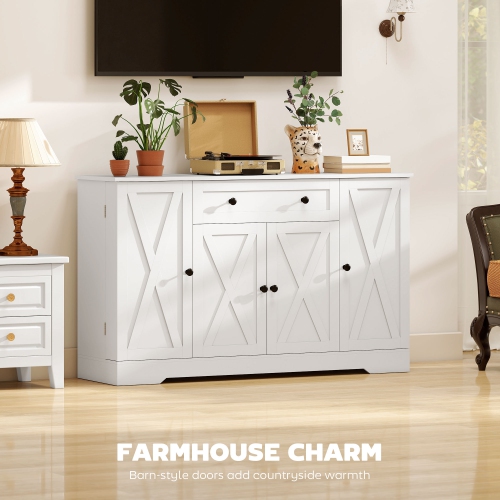 HOMCOM Farmhouse Sideboard Buffet Cabinet with Storage, 54" Coffee Bar Cabinet with 6 Door Shelves, Drawer, Adjustable Shelves and 4 Barn Doors, White