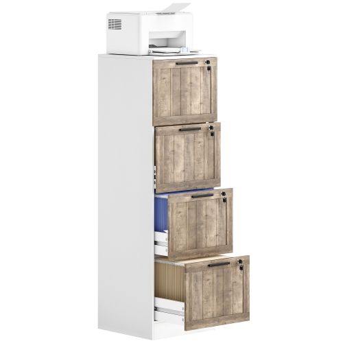 HOMCOM 4 Drawer File Cabinet with Lock, Rustic Vertical Filing Cabinet with Adjustable Hanging Rails for A4 Letter Size Files, Farmhouse Printer