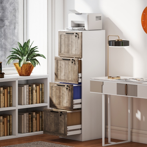 HOMCOM 4 Drawer File Cabinet with Lock, Rustic Vertical Filing Cabinet with Adjustable Hanging Rails for A4 Letter Size Files, Farmhouse Printer