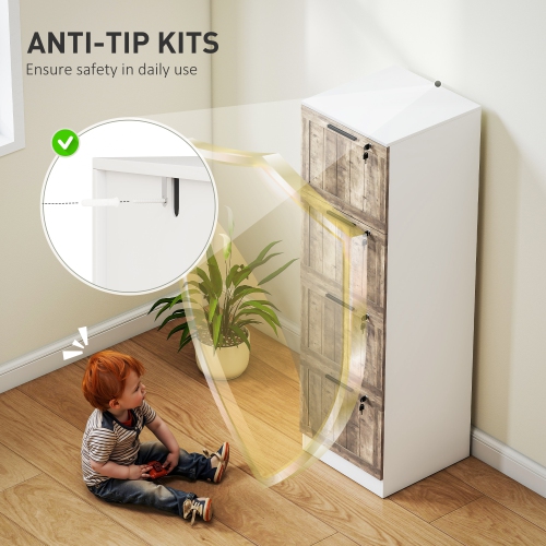 HOMCOM 4 Drawer File Cabinet with Lock, Rustic Vertical Filing Cabinet with Adjustable Hanging Rails for A4 Letter Size Files, Farmhouse Printer