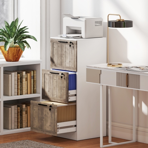 HOMCOM 3 Drawer File Cabinet with Lock, Rustic Vertical Filing Cabinet with Adjustable Hanging Rails for A4 Letter Size Files, Farmhouse Printer