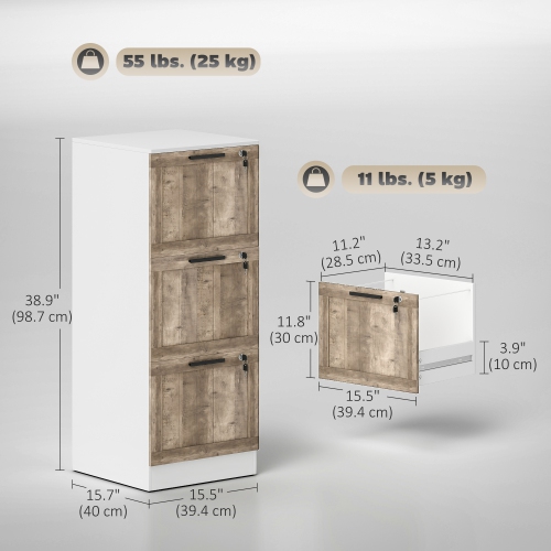 HOMCOM 3 Drawer File Cabinet with Lock, Rustic Vertical Filing Cabinet with Adjustable Hanging Rails for A4 Letter Size Files, Farmhouse Printer