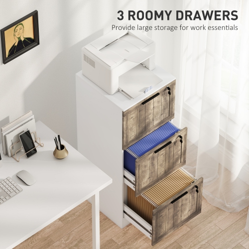 HOMCOM 3 Drawer File Cabinet with Lock, Rustic Vertical Filing Cabinet with Adjustable Hanging Rails for A4 Letter Size Files, Farmhouse Printer