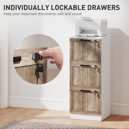 HOMCOM 3 Drawer File Cabinet with Lock, Rustic Vertical Filing Cabinet with Adjustable Hanging Rails for A4 Letter Size Files, Farmhouse Printer
