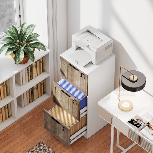 HOMCOM 3 Drawer File Cabinet with Lock, Rustic Vertical Filing Cabinet with Adjustable Hanging Rails for A4 Letter Size Files, Farmhouse Printer