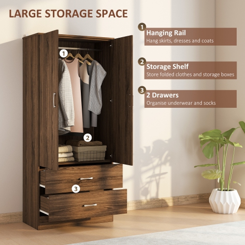 HOMCOM Modern Wardrobe Closet Armoire with Hanging Rod and 2 Doors, Clothes Storage Organizer with 2 Drawers, Anti-Tipping Design for Bedroom, Walnut