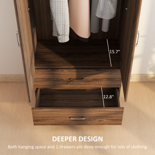 HOMCOM Modern Wardrobe Closet Armoire with Hanging Rod and 2 Doors, Clothes Storage Organizer with 2 Drawers, Anti-Tipping Design for Bedroom, Walnut