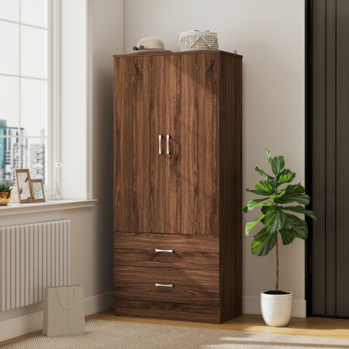 HOMCOM Modern Wardrobe Closet Armoire with Hanging Rod and 2 Doors, Clothes Storage Organizer with 2 Drawers, Anti-Tipping Design for Bedroom, Walnut