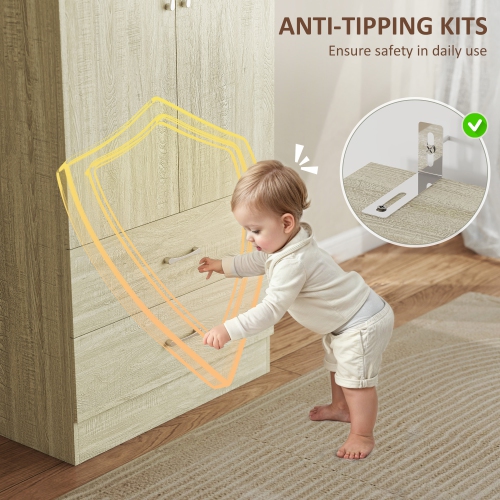 HOMCOM Modern Wardrobe Closet Armoire with Hanging Rod and 2 Doors, Clothes Storage Organizer with 2 Drawers, Anti-Tipping Design for Bedroom, Oak