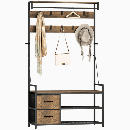HOMCOM 6-In-1 Hall Tree with Shoe Storage, Industrial Entryway Coat Rack Shoe Storage with 10 Adjustable Hooks, 2 Fabric Drawers and Hanging Rod for