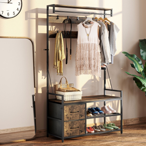 HOMCOM 6-In-1 Hall Tree with Shoe Storage, Industrial Entryway Coat Rack Shoe Storage with 10 Adjustable Hooks, 2 Fabric Drawers and Hanging Rod for