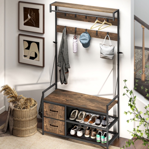 HOMCOM 6-In-1 Hall Tree with Shoe Storage, Industrial Entryway Coat Rack Shoe Storage with 10 Adjustable Hooks, 2 Fabric Drawers and Hanging Rod for