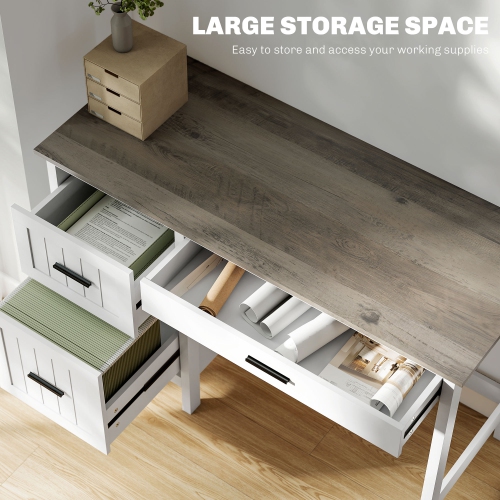 HOMCOM 47.2" Computer Desk with File Drawer, Farmhouse Home Office Desk with 3 Drawer and Wood Grain Top, Compact Study Writing Table for Small