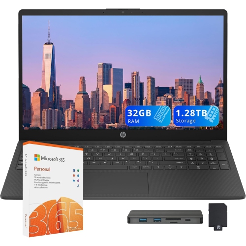 HP 15.6" FHD IPS Laptop, Intel 7 150U,1.28TB Storage(1TB SSD+288GB Docking Station Set), 32GB RAM, Intel Graphics, Numeric Keypad, 1 Year Office 365,
