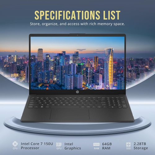 HP 15.6" FHD IPS Laptop, Intel 7 150U, 2.28TB Storage(2TB SSD+288GB Docking Station Set),64GB RAM, Intel Graphics, Numeric Keypad, 1 Year Office 365,