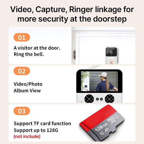 Wireless Video Doorbell Camera – 4.3" IPS HD Screen, Night Vision, Two-Way Audio, Auto Photo/Video Recording, No Subscription, Rechargeable, No-Drill