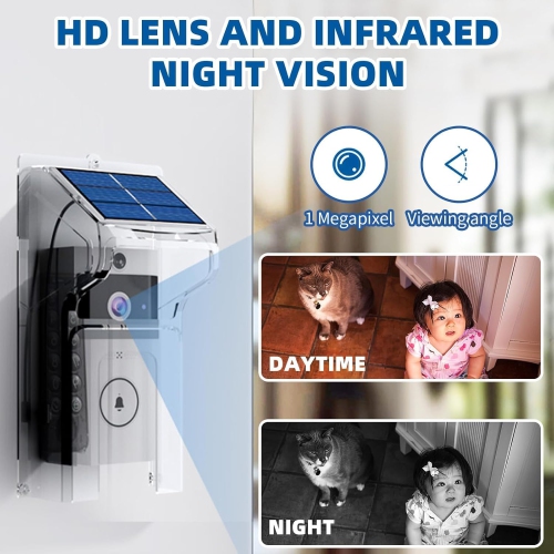 1080P Smart Wireless Video Doorbell with Chime, Solar Rain Cover, Two-Way Talk, Rechargeable Battery, Night Vision, Real-Time Alerts,