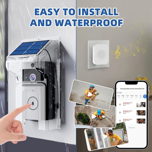 1080P Smart Wireless Video Doorbell with Chime, Solar Rain Cover, Two-Way Talk, Rechargeable Battery, Night Vision, Real-Time Alerts,