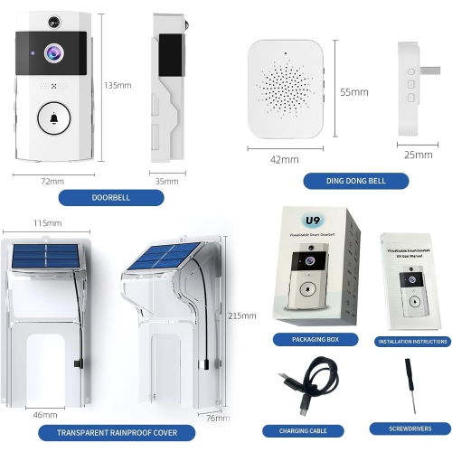 1080P Smart Wireless Video Doorbell with Chime, Solar Rain Cover, Two-Way Talk, Rechargeable Battery, Night Vision, Real-Time Alerts,