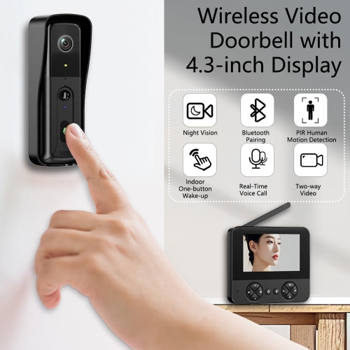 Wireless Doorbell with Smart Outdoor Camera Doorbell with 4.3" 1080P Screen, Two-Way Video Intercom, PIR Motion Detection, No WiFi and App Required