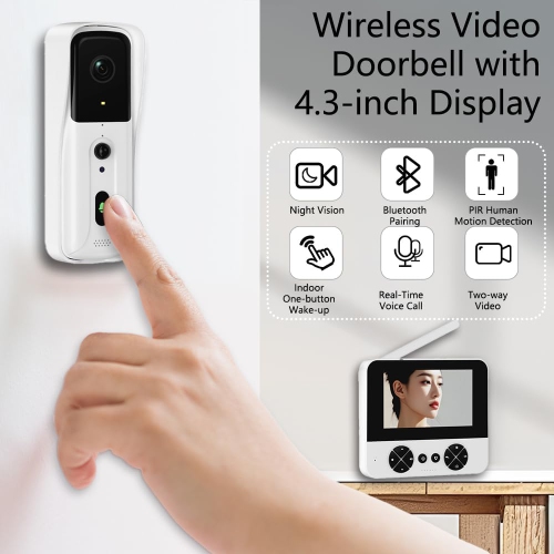 Wireless Doorbell with Smart Outdoor Camera Doorbell with 4.3" 1080P Screen, Two-Way Video Intercom, PIR Motion Detection, No WiFi and App Required