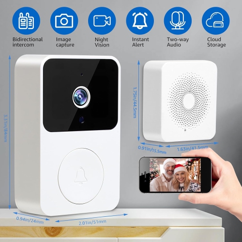 Smart Doorbell Camera Wireless, Doorbell Wireless, Ring Video Doorbell with 65° Viewing Angle, Two Way Audio, Hd Live View, Night Vision, 2.4g WiFi