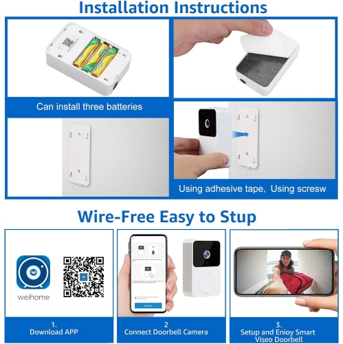 Smart Doorbell Camera Wireless, Doorbell Wireless, Ring Video Doorbell with 65° Viewing Angle, Two Way Audio, Hd Live View, Night Vision, 2.4g WiFi