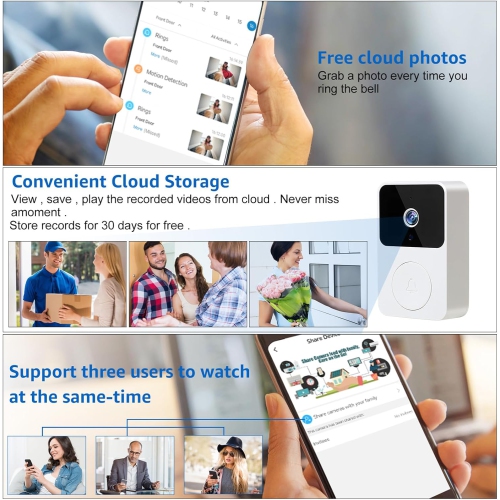 Smart Doorbell Camera Wireless, Doorbell Wireless, Ring Video Doorbell with 65° Viewing Angle, Two Way Audio, Hd Live View, Night Vision, 2.4g WiFi