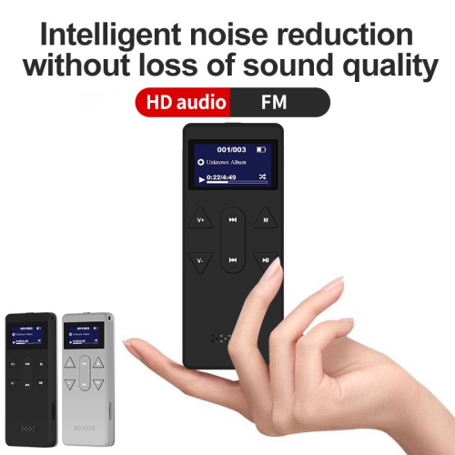 Silver Ultra-portable MP3 player with FM radio – 1.2" screen, lossless audio, expandable storage, long battery life – ideal for running, traveling