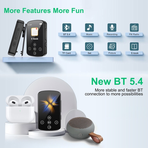 Portable Bluetooth MP3 Player with FM Radio, Voice Recorder, E-Book Reader – 1.5 Inch Touch Screen, 210mAh Battery, Lightweight Clip-on Design,