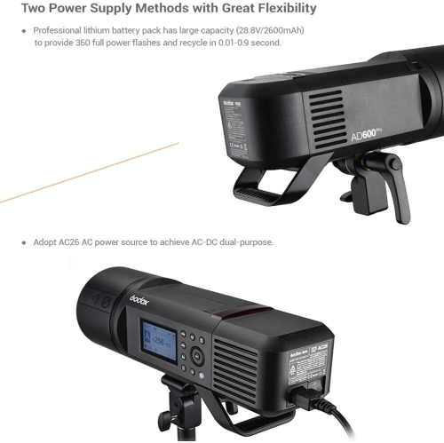 Remis à neuf - Flash AD600 Pro de Godox - Flash TTL de 600 W pour l'extérieur avec système sans fil X 2,4 GHz intégré, batterie au lithium-ion, lampe