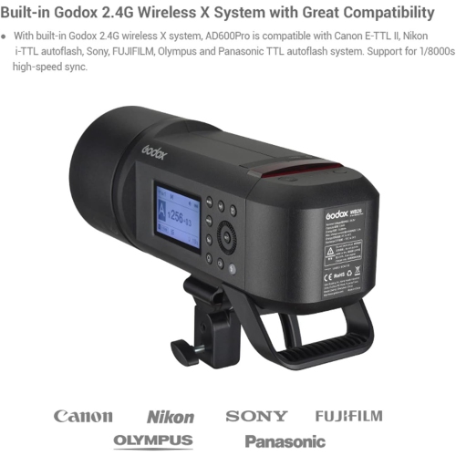 Remis à neuf - Flash AD600 Pro de Godox - Flash TTL de 600 W pour l'extérieur avec système sans fil X 2,4 GHz intégré, batterie au lithium-ion, lampe