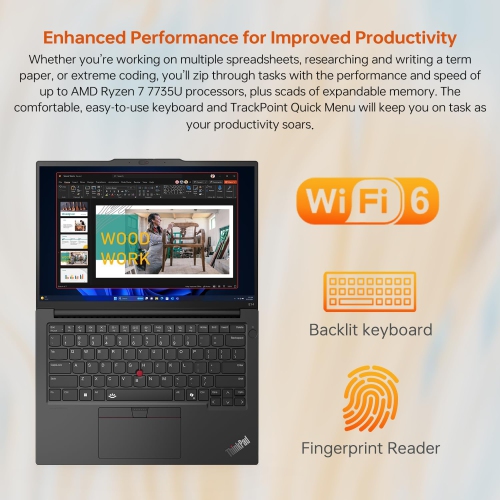 Lenovo ThinkPad E14 Mobile Workstation Laptop, 14" FHD+ 1920 * 1200, AMD Ryzen 7 7735U, 16GB DDR5 RAM, 512GB SSD, Fingerprint, Webcam, Backlit, Wi-Fi