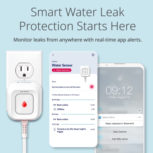 D-Link SW-A11KT Next-Gen WiFi Water Leak Detector Starter Kit with 2 sensors—Loud 100 dB Sound Alarm—App Alert—LED Strobe Light—1000ft Ultra-Long