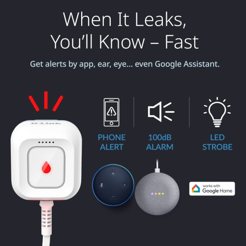 D-Link SW-A11KT Next-Gen WiFi Water Leak Detector Starter Kit with 2 sensors—Loud 100 dB Sound Alarm—App Alert—LED Strobe Light—1000ft Ultra-Long