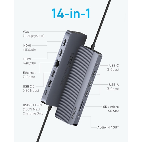 Anker USB C Hub, 4K@60Hz HDMI with 100W Max Power Delivery, 5 Gbps USB-C and USB-A Data Ports, for MacBook, Lenovo, Dell XPS, HP Laptops