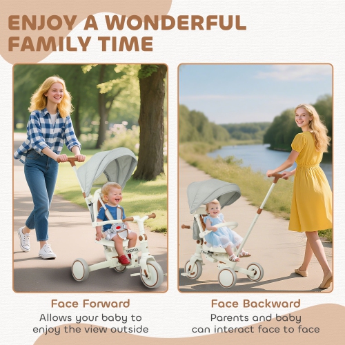 Qaba Toddler Tricycle, 7 in 1 Kids Trike with Adjustable & Removable Parent Handle, Canopy, Safety Harness, Folding Pedal, Storage Bag, Brake,