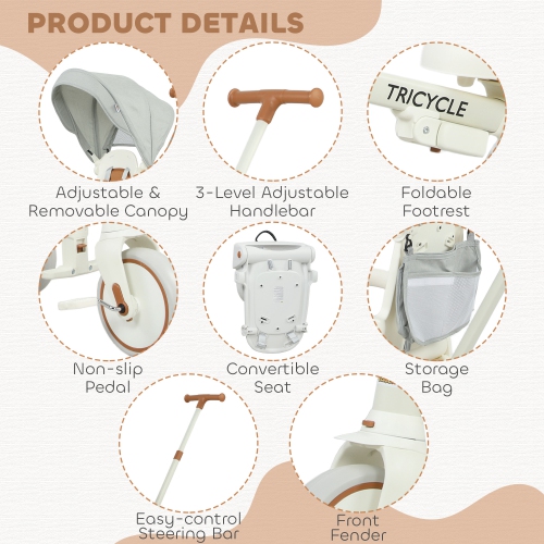 Qaba Toddler Tricycle, 7 in 1 Kids Trike with Adjustable & Removable Parent Handle, Canopy, Safety Harness, Folding Pedal, Storage Bag, Brake,