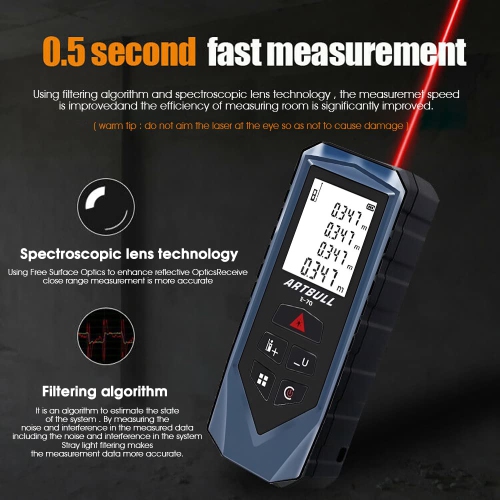 Laser Measuring Tape, 70m /229ft Laser Measure Device, ± 2mm Precise Digital Laser Measuring Device with Area Volume Pythagorean Calculation, LCD