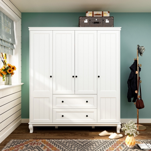 Famapy 4-Door 2-Drawer Wardrobe with Gold Accents and Decorative Legs, White